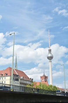 View of the TV tower in Berlin from the Fischerinsel