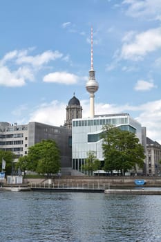 View of the TV tower in Berlin from the Fischerinsel