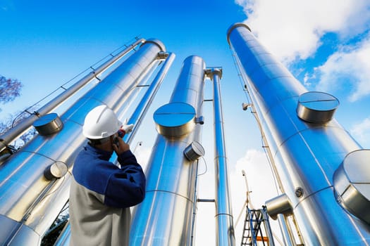 oil and gas worker with giant pipes, pipelines