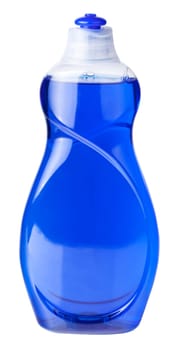 Dishes dishwashing liquid blue on white background