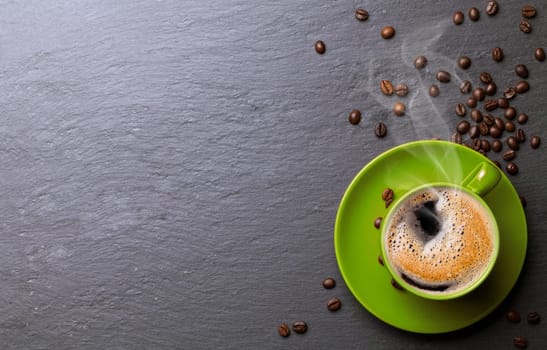 Coffee cup background with coffee beans and table