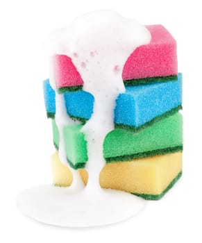 Plaster sponges colorful with foam on white background