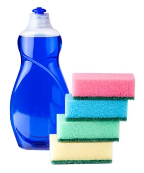 Dishes dishwashing liquid blue with sponges on white background