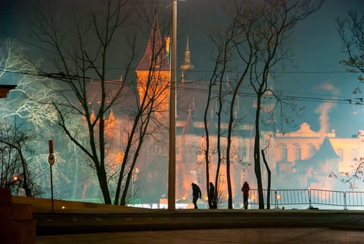 Vajdahunyad Castle at night in Budapest, Hungary.