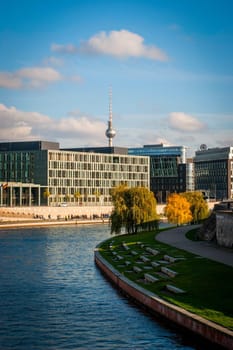 Skyline of modern part of Berlin with recognizable Berlin tower