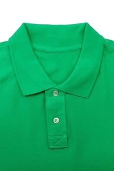 Green polo shirt close-up collar. Isolate on white.