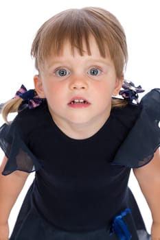 Portrait of a little surprised girl with expressive eyes. Isolate on white.
