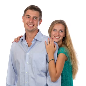 Portrait of happy beautiful couple, studio isolate on white.