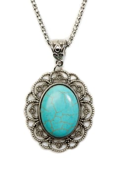 Oval pendant with turquoise stone in a silver frame. Isolate on white.