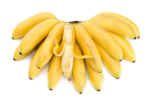 Bunch of bananas with open one isolated on white