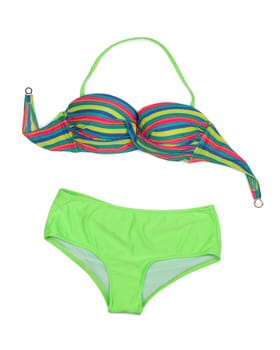 Green swimsuit and colorful bra. Isolate on white.