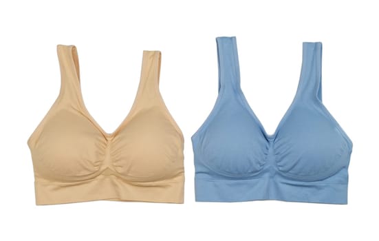 Beige and blue cotton bra. Isolate on white.
