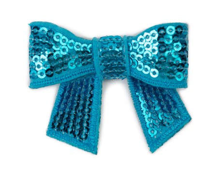 Blue ribbon with bow with rhinestones isolated on white
