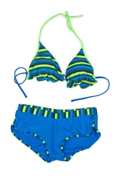 Trendy blue striped swimsuit. Isolate on white