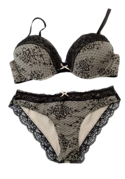 A set of black lacy women's underwear on a white background.