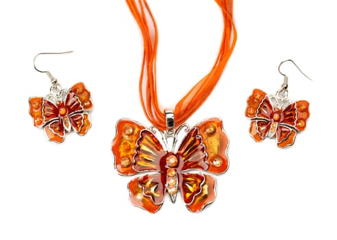 Butterfly necklace and earrings made of precious stones. Isolate on white.