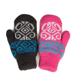 Gray pink knitted mittens them. Isolate on white.