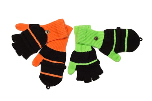 Green and orange gauntlets, isolate on white.