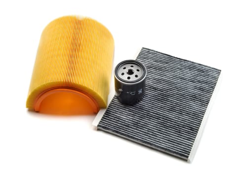 Car filters set. Motor filter, cabin filter and oil filter. Isolate