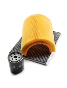 Car filters set. Motor filter, cabin filter and oil filter. Isolate on white.