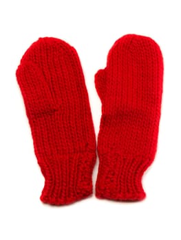 Red knitted mittens. Isolate on white.