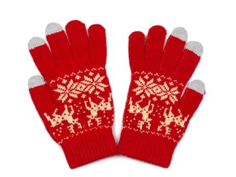 Red knitted gloves with pattern with snowflakes and reindeer. With inserts for the exact screen display. Isolate on white.
