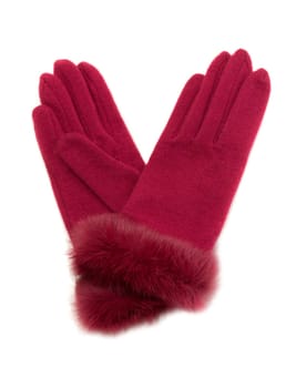 Crimson warm ladies' gloves with fur. Isolate on white.