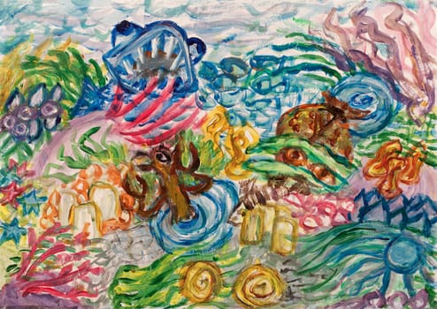 Underwater landscape with coral reef. Abstract acrylic painting.