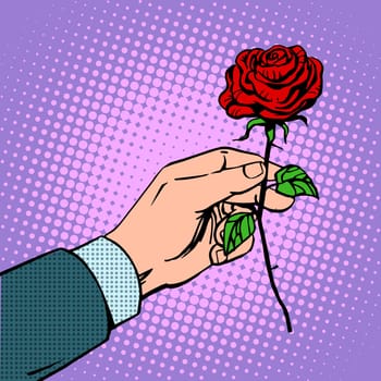 The man gives a flower rose love romance Dating red. Retro style pop art vintage
