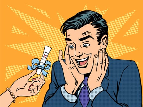 A pregnancy test two strips a man happy. Health and medicine fertilization fetus baby mom dad embryo. Love romantic relationship. Retro style pop art