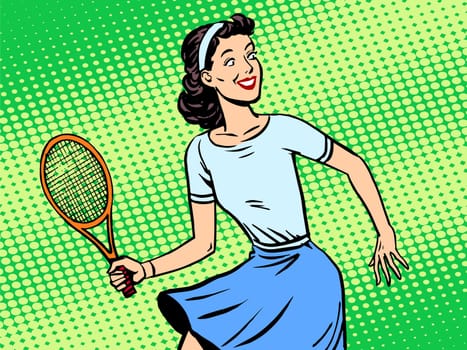 Young woman playing tennis retro style pop art. Sport active lifestyle