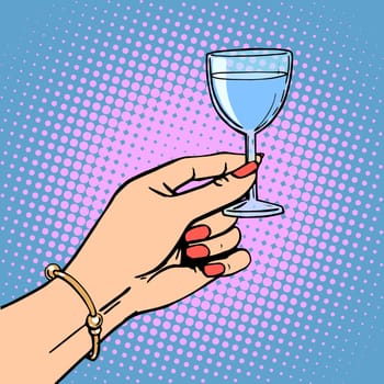 A glass of wine the woman drink a toast a celebration. Retro style pop art