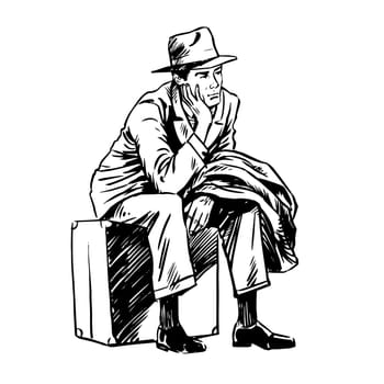 A passenger on a bag line art. Sad journey waiting. Line art retro style