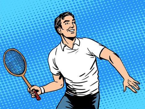 Handsome man playing tennis. Beauty health sports lifestyle. Retro style pop art