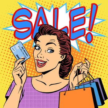 A woman purchases discounts credit card sale. Goods shops buyer girl retro style pop art