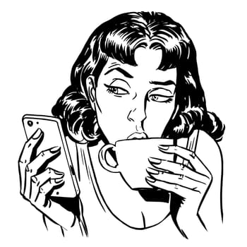 Morning girl coffee tea phone news communication technology smartphone line art retro style
