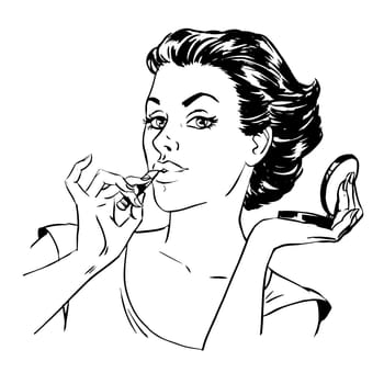 Morning makeup girl with lipstick on a mirror and powder. Line art retro style