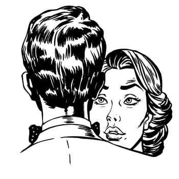 Dancing man and woman couple line art retro style