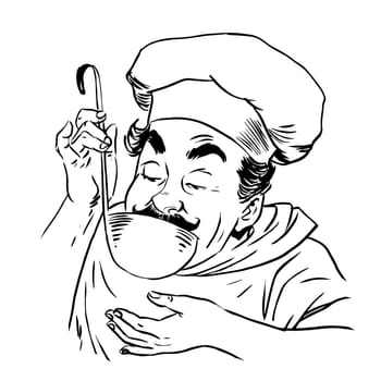 The chef tastes the food line art retro vintage cooking food