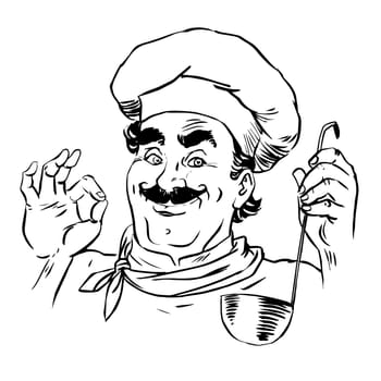 Professional chef in the restaurant line art retro style kitchen cooking food