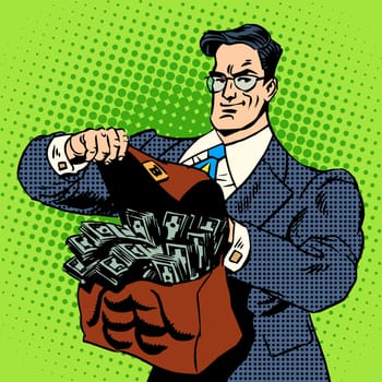 The super businessman to do with a suitcase of money. Business concept Finance income cash. Retro style pop art