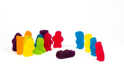 Jelly riot police controlling a jelly baby crowd, with injured protester.