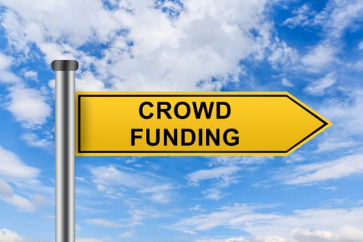 crowd funding words on yellow road sign on blue sky