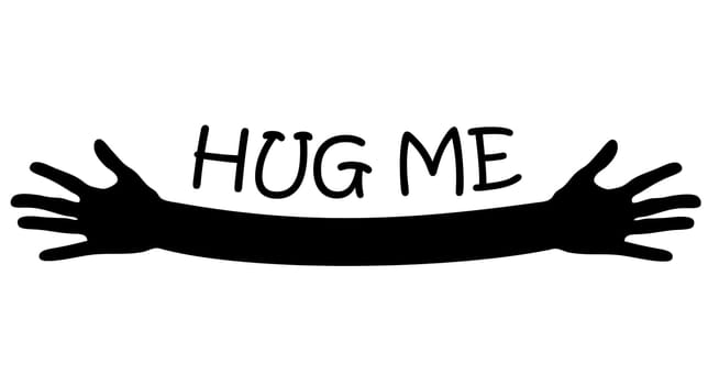 Hug me written above open arms and hands, black and white vector