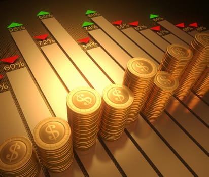 Image concept stylized graphic of the stock market. Clipping path on the coins.