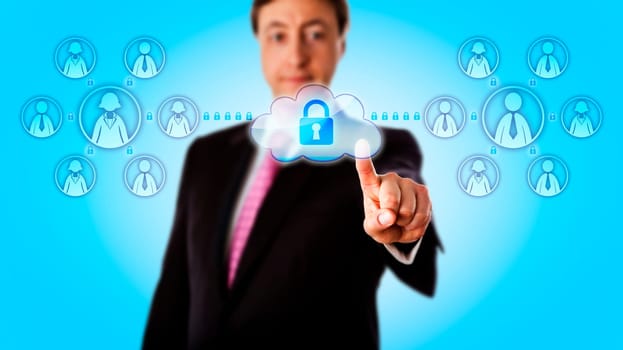 Happy IT consultant is contacting two work teams in the cloud via a secure connection. One team is lead by a woman and the other by a man. Concept for cooperation, compliance and secure networking.