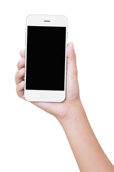 closeup hand holding phone isolated with clipping path