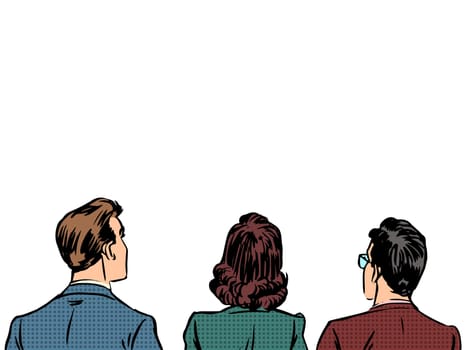 People back visitors viewers listeners. Men and women Caucasians business people. The first row of spectators. Retro style pop art