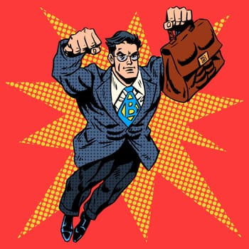 Businessman superhero work flight business concept retro style pop art. A grown man in a business suit. The image of bravery and courage. Retro style pop art