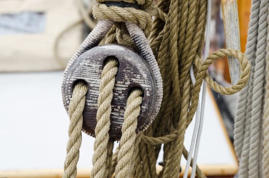 rope and tackle on one old sailboat made of wood
